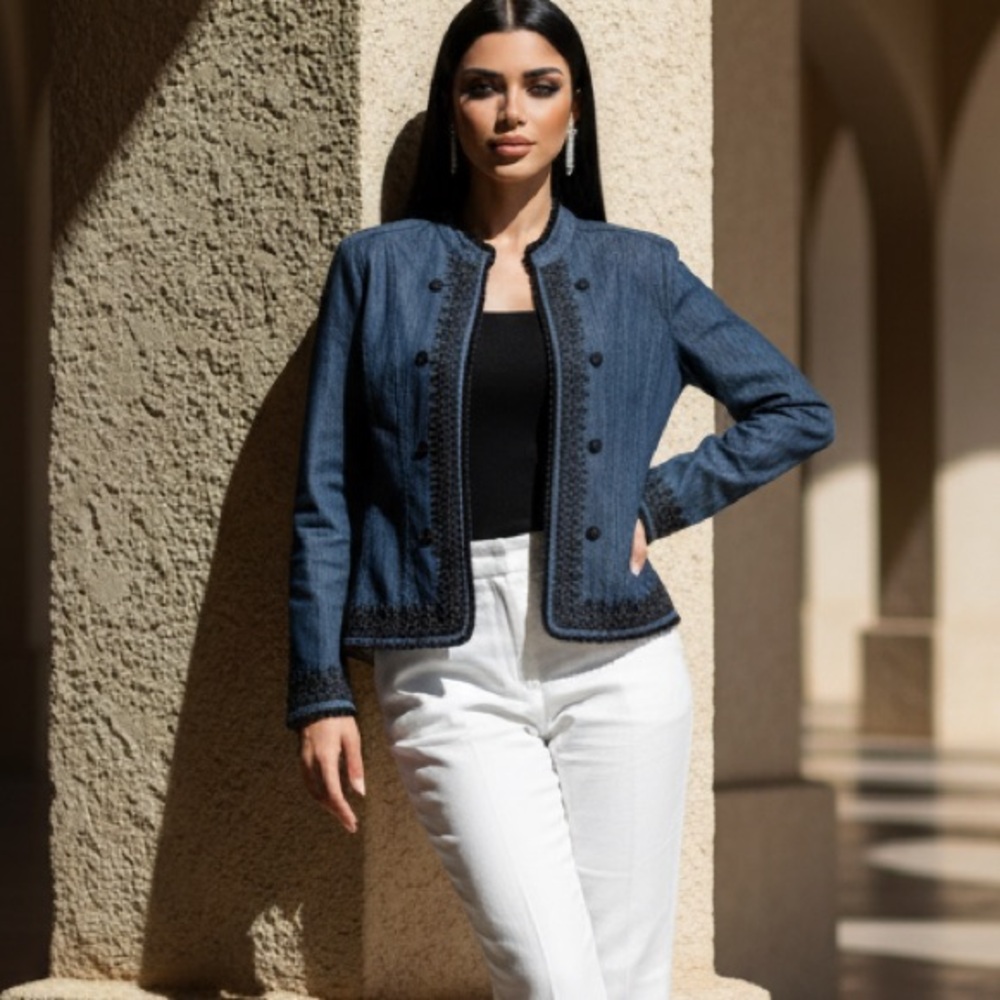 Bay Studio Dark Blue Jean Jacket with Intricate Black Trim